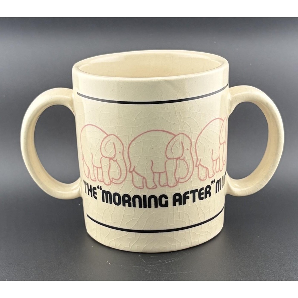 Morning After Mug Pink Elephants Double Handle 1982 Vintage Hangover Coffee Cup